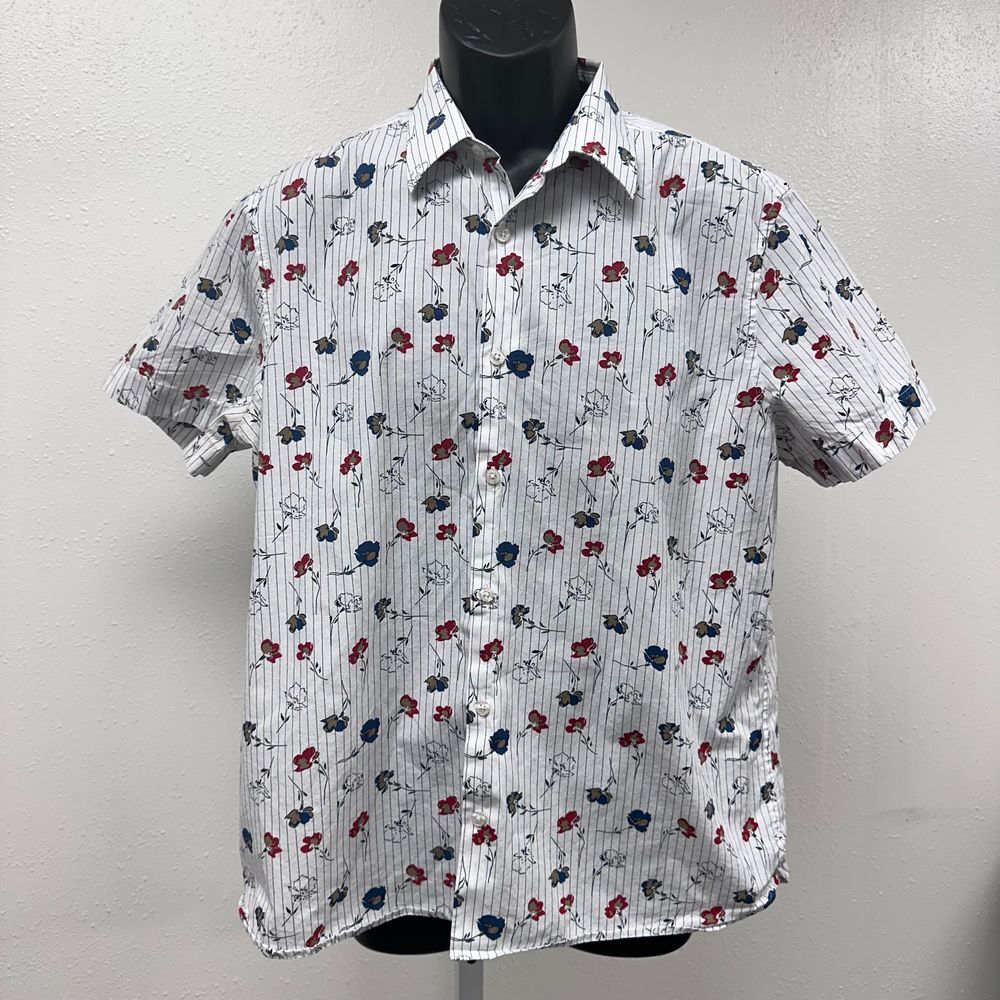 Perry Ellis 100% Cotton White with Floral Pattern Shirt Sleeve Shirt Size Large